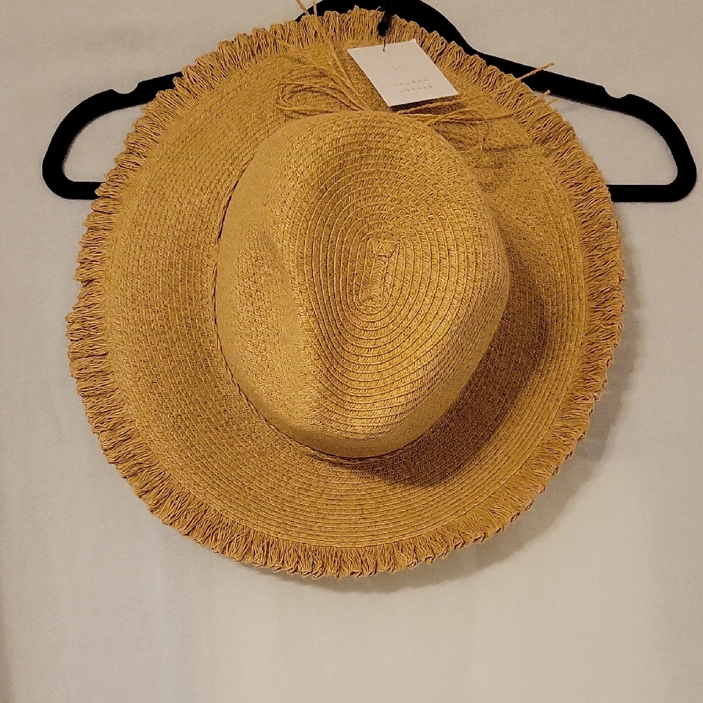 LC Lauren Conrad Tan Fringe Straw Hat With Adjustable Headsize